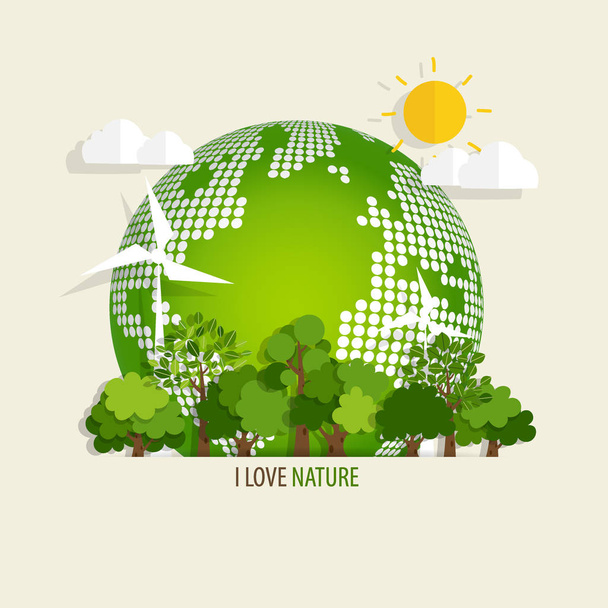 ECO FRIENDLY in Verbindung setzen. Ökologisches Konzept mit Green Eco Earth und Bäumen. Vektorillustration. - Vektor, Bild