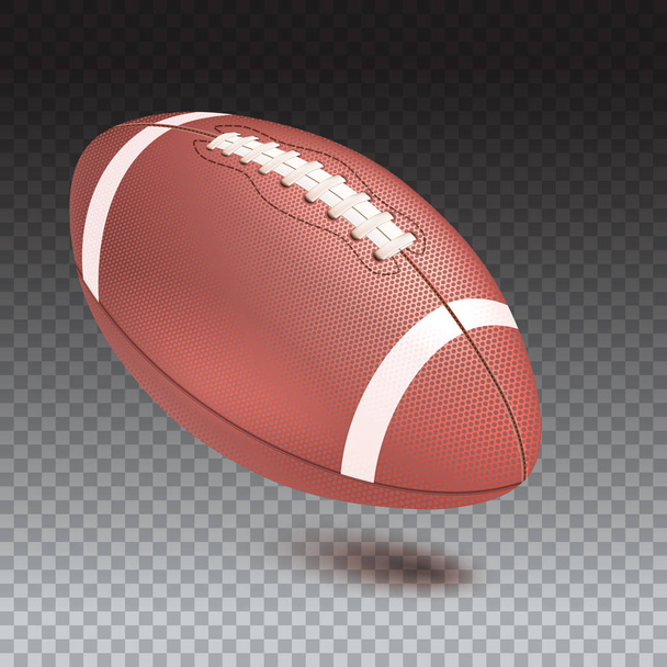 Αμερικανικό ποδόσφαιρο ριγέ μπάλα, διαγώνια θέση στο πλαίσιο. Ρεαλιστική διάνυσμα 3d απεικόνιση. Το εικονίδιο της μπάλας ράγκμπι που φέρουν με τη σκιά που απομονώνονται σε διαφανές φόντο - Διάνυσμα, εικόνα