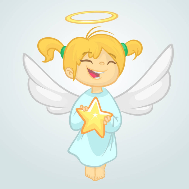 Cute Christmas angel holding a star. Vector  cartoon illustration isolated. Design for print, poster, sticker, greeting card or invitation - Vetor, Imagem