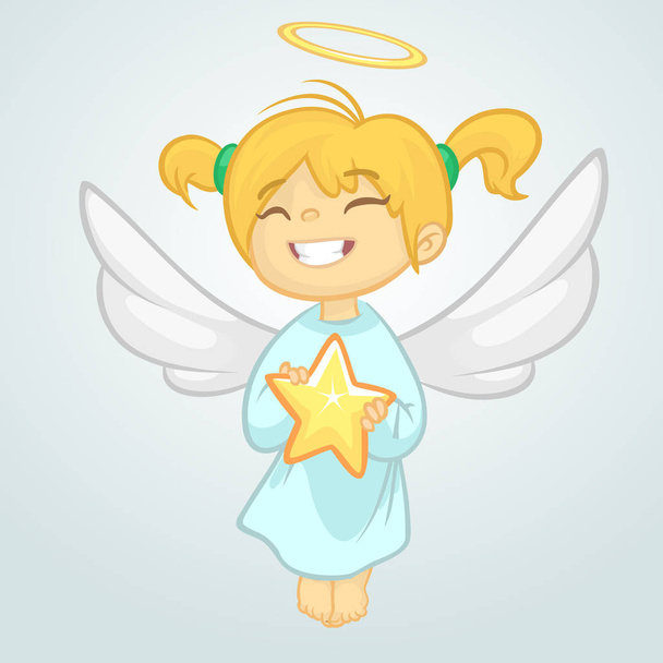 Cute  cartoon Christmas angel holding a star. Vector illustration isolated - Wektor, obraz