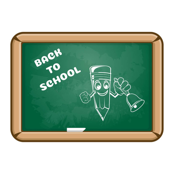 Cartoon pencil with bell and text back to school painted with chalk on a school board. - Vector, Image