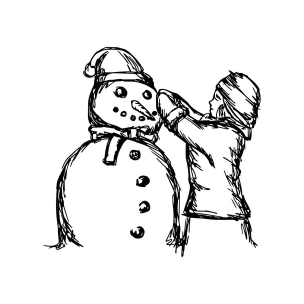 Kislány épület egy hóember vektoros illusztráció vázlat kézzel rajzolt, fekete vonalakkal, elszigetelt fehér background  - Vektor, kép