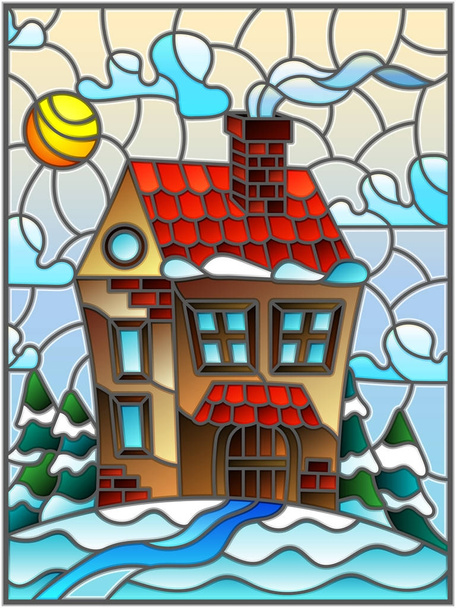 Иллюстрация в винтажном стиле зимний пейзаж, деревенский дом и ели на фоне снега, неба и солнца
 - Вектор,изображение