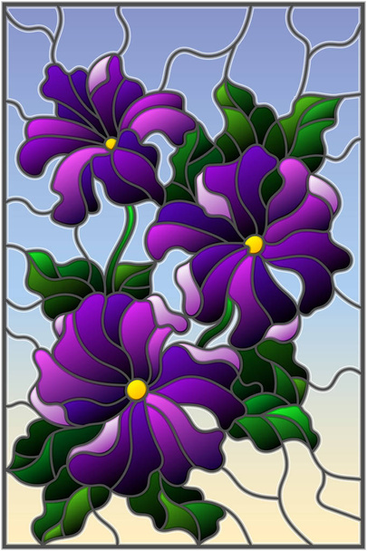 Ilustracja w stylu witrażu trzy jasne fioletowe kwiaty petunii, pąki i liście na niebieskim tle - Wektor, obraz