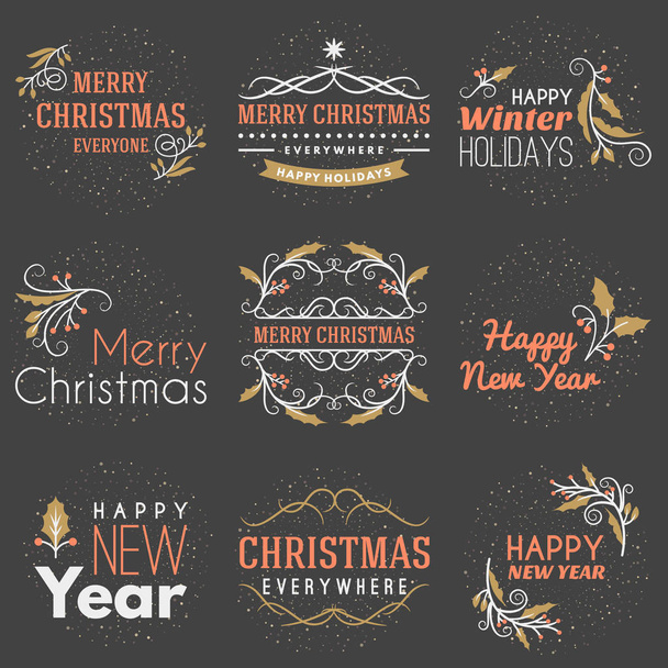 Készlet-boldog karácsonyt és boldog új évet dekoratív jelvények-Üdvözlet kártyákat vagy meghívók. Vektoros illusztráció. Nyomdai Design elemek. Arany, fehér és rózsaszín téma sötét háttér - Vektor, kép