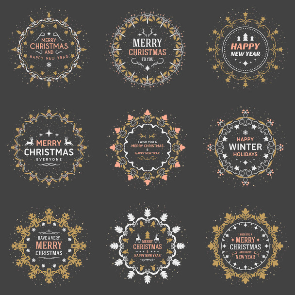 Set of Merry Christmas and Happy New Year Decorative Badges for Greetings Cards or Invitations. Vector Illustration. Typographic Design Elements. Golden, White and Pink Color Theme on Dark Background - Vecteur, image