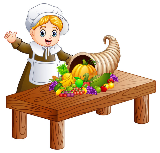 Pilgrim girl with cornucopia of fruits and vegetables on wooden table - Vector, Image
