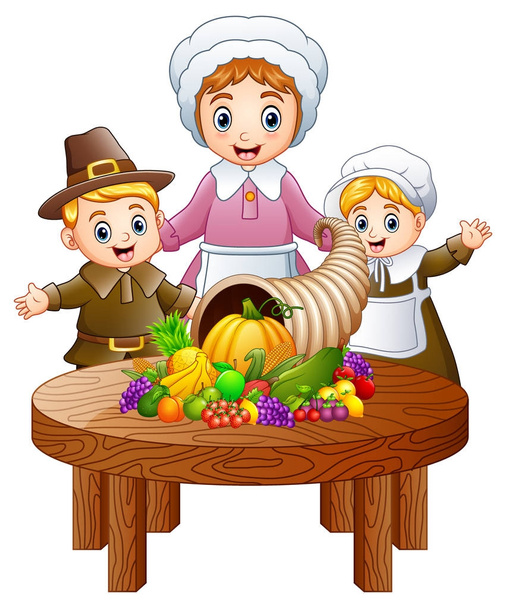 Famiglia pellegrina con cornucopia di frutta e verdura su tavola rotonda in legno
 - Vettoriali, immagini