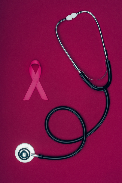 stethoscope and pink breast cancer ribbon - Photo, Image