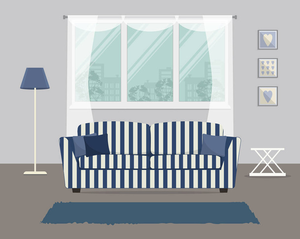 青いストライプのソファー付きのリビング ルーム - ベクター画像