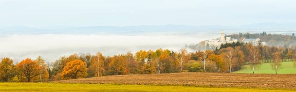 Castle Hluboka nad Vltavou with autumn trees and fog, Czech land - Photo, Image