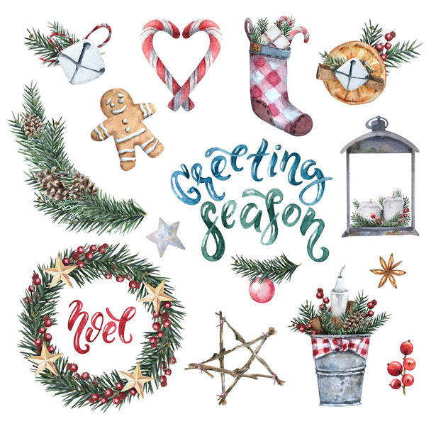 Watercolor Merry Christmas set of traditional decor and elements - Photo, Image