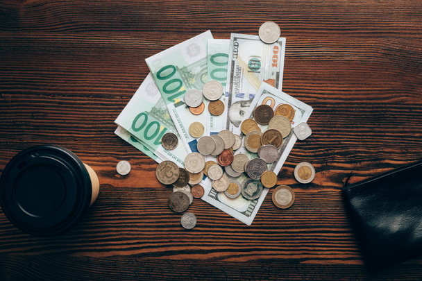 coins, dollar and euro banknotes - Фото, изображение