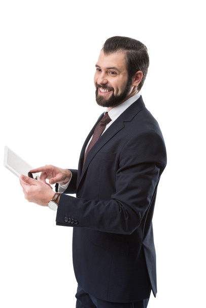 hombre de negocios alegre con la tableta
  - Foto, imagen