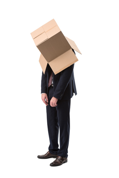tired businessman with box on head - Φωτογραφία, εικόνα
