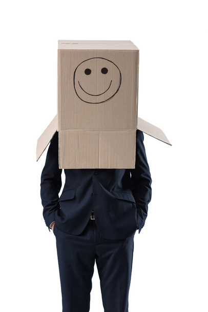 businessman with box with smile on head - Zdjęcie, obraz