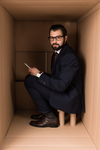 businessman using smartphone in box - Фото, зображення