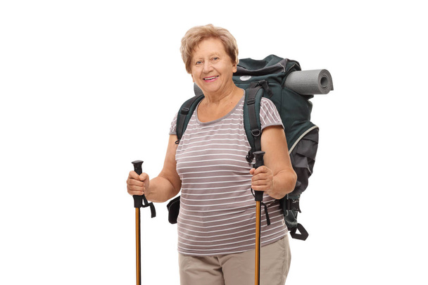 Elderly female hiker with hiking equipment - Fotoğraf, Görsel
