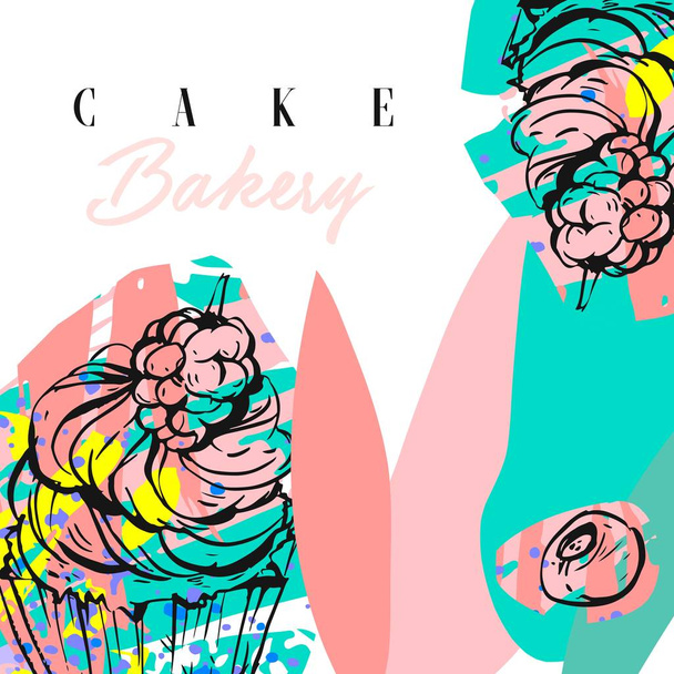 Kézzel rajzolt vektoros absztrakt grafikus kreatív modern sütemény pékség kártya tervezősablon a rajz cupcake, bogyók és a tipográfia a szöveg elszigetelt fehér background - Vektor, kép