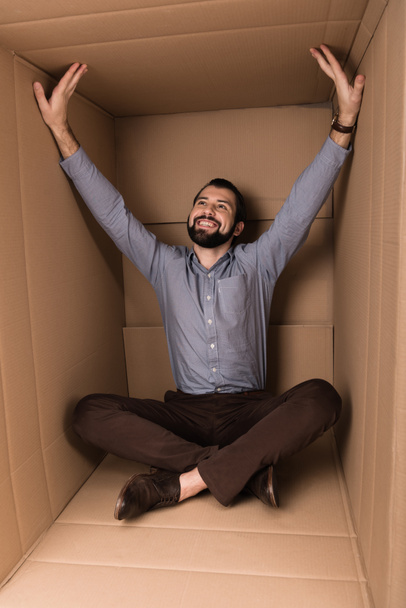 cheerful man in cardboard box - Fotó, kép