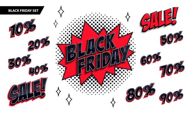 Black Friday sale set. Black friday and sale inscription and all percent numbers. Black and red colors. Pop-art comics style web banner, flash animation. - Vector, Image