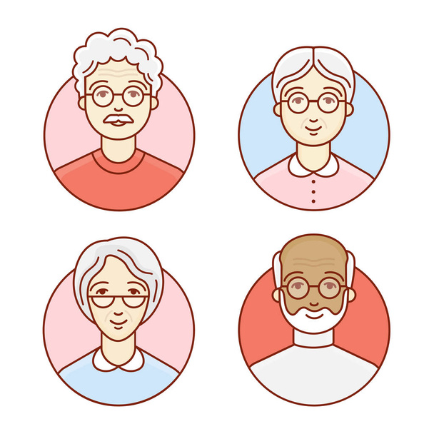 Idős emberek csoportja. A nyugdíjasok portréja. Istenség földi inkarnációja. Lineáris vektor-illusztráció - Vektor, kép