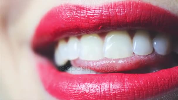 Doskonały naturalny czerwony Warga makijaż. Piękne kobiece usta. Pulchny pełne usta. Closep - Materiał filmowy, wideo