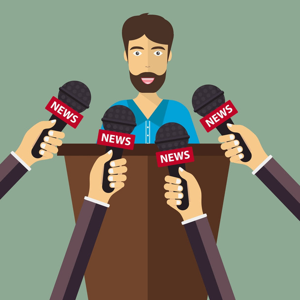 Businessman giving an interview in the presence of journalists with microphones and recorder. Journalism concept. Flat vector illustration - Vector, Image