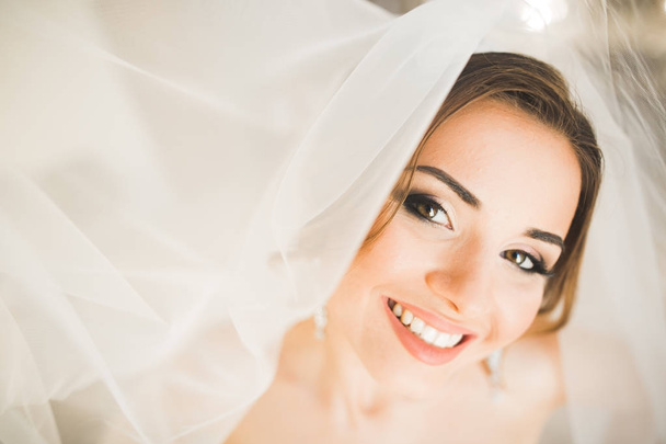 Gorgeous bride in robe posing and preparing for the wedding ceremony face in a room - Photo, image