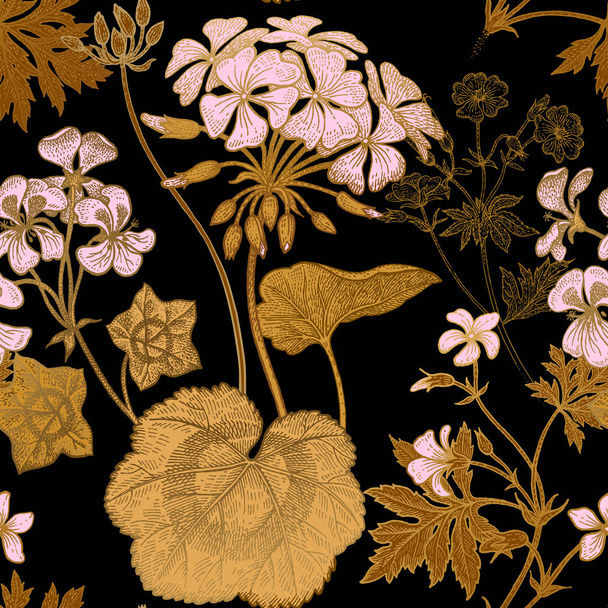 Flower geranium. Seamless floral pattern. - Vector, imagen