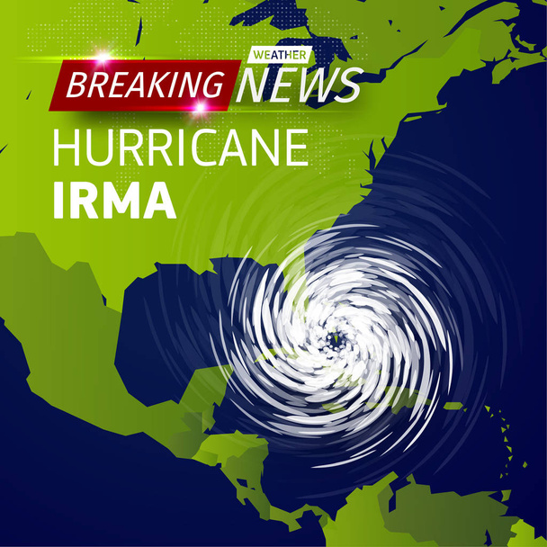Breaking news TV, realistic Hurricane cyclone vector illustration on USA map, typhoon spiral storm logo on green world map, spin vortex illustration on black background with shadow. - Vector, Image