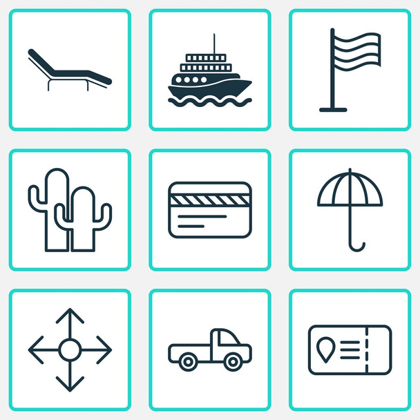 Travel Icons Set. Includes Icons such as Cacti, Trip Access, Yacht And Other
. - Вектор,изображение