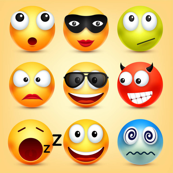 Smiley,emoticons set. Yellow face with emotions. Facial expression. 3d realistic emoji. Funny cartoon character.Mood. Web icon. Vector illustration. - Vector, Image