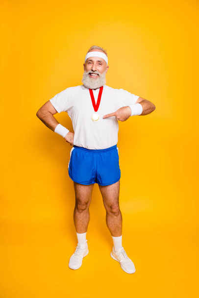 Full length of active cool funny competitive grandpa showing off - Photo, Image