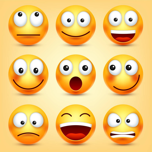 Sorridente, emoticon impostate. Faccia gialla con emozioni. Espressione facciale. 3D emoji realistico. Personaggio divertente dei cartoni animati. Icona web. Illustrazione vettoriale
. - Vettoriali, immagini