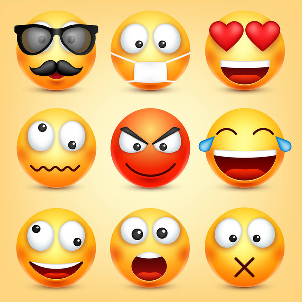 Smiley, ifadeleri ayarlayın. Sarı yüz duygularla. Yüz ifadesi. 3D gerçekçi emoji. Komik çizgi film karakteri. Ruh hali. Web simgesi. Vektör çizim. - Vektör, Görsel