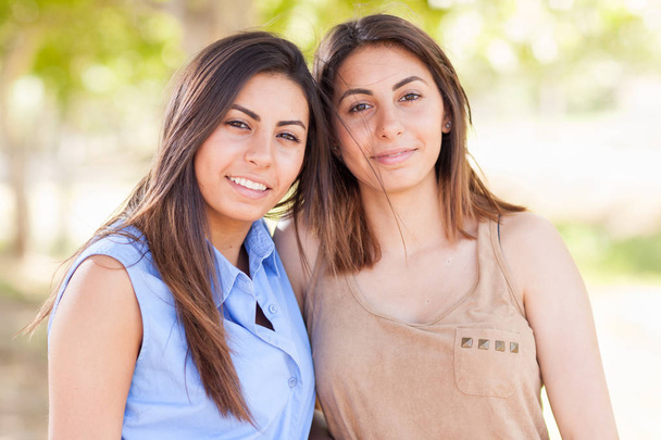 Dos hermosas hermanas gemelas étnicas retrato al aire libre
. - Foto, Imagen