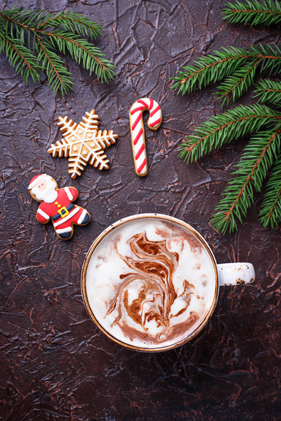Christmas background with latte and gingerbread cookies - Photo, Image