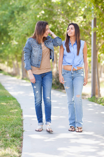 Dos hermosas hermanas gemelas étnicas caminando al aire libre
. - Foto, Imagen