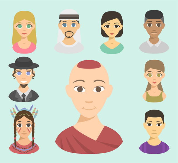Cool avatarlar farklı ulusların Portreler etnik köken farklı Cilt tonları etnik ilişkisi insanlar ve saç stilleri illüstrasyon vektör. - Vektör, Görsel