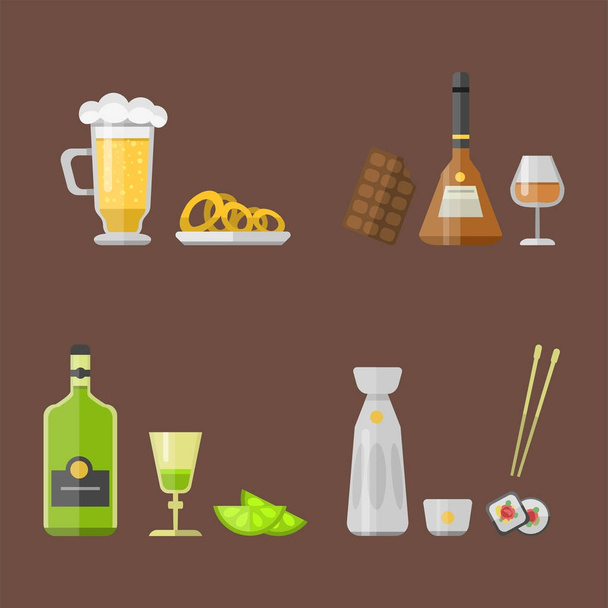 Alcohol dranken dranken cocktail voorgerecht fles pils container dronken verschillende snacks glazen vectorillustratie. - Vector, afbeelding