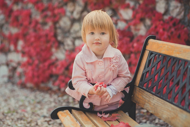 ブロンドの髪とピンク リンゴ頬春秋時間休日ピンキー シャツ ドレス ペンを着てベンチに花の美しい庭でポーズを楽しんでいるかわいい女の赤ちゃん - 写真・画像