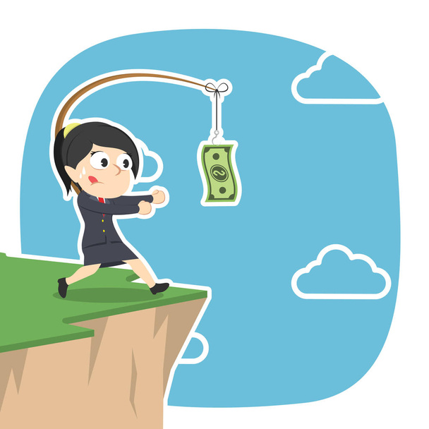 businesswoman is chasing money on cliff - Vector, Image