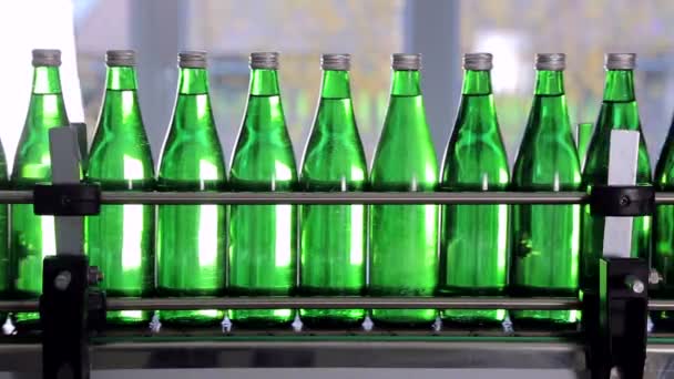grüne Flaschen für Mineralwasser bewegen sich entlang der automatischen Produktionslinie. - Filmmaterial, Video