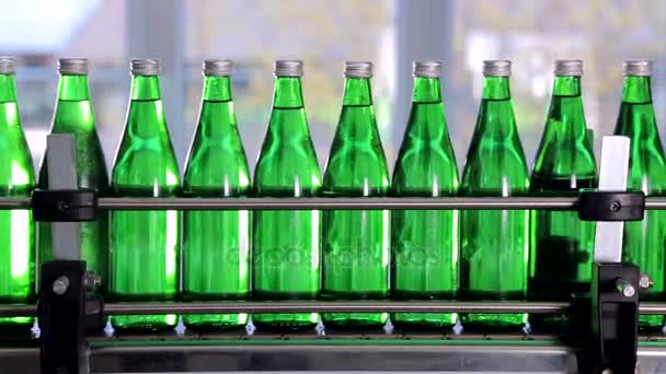 green bottles for mineral water are moving along the automatic production line. - Footage, Video