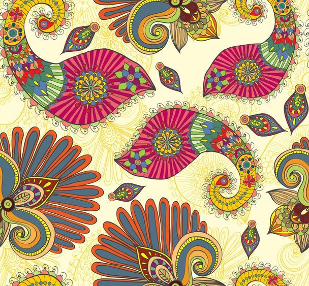 Floral bright seamless pattern with doodle flowers and paisley - Διάνυσμα, εικόνα