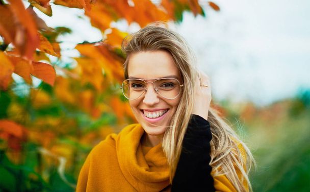 Žena smile v podzimním listím, šťastný - Fotografie, Obrázek