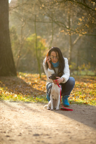 Fiatal nő séta a kutyájával őszi Park. - Fotó, kép