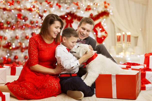Kerst familie geven hond aanwezig Gift, vader moeder kind, Happy New Year - Foto, afbeelding