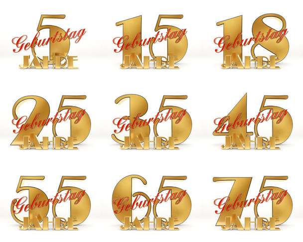 Aantal jaar viering ontwerp. Verjaardag gouden sjabloon getalelementen voor uw verjaardagspartij. 3D illustratie. Vertaald uit het Duits - jaar. - Foto, afbeelding
